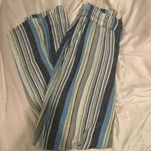 Blue, Green, White & Black Striped Wide Leg Pants